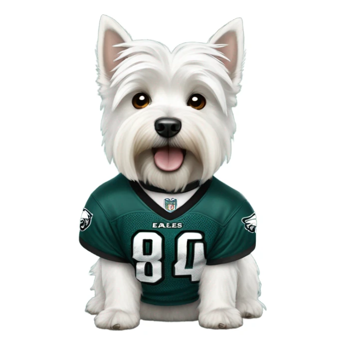 Westie wearing a Philadelphia eagles jersey sticker