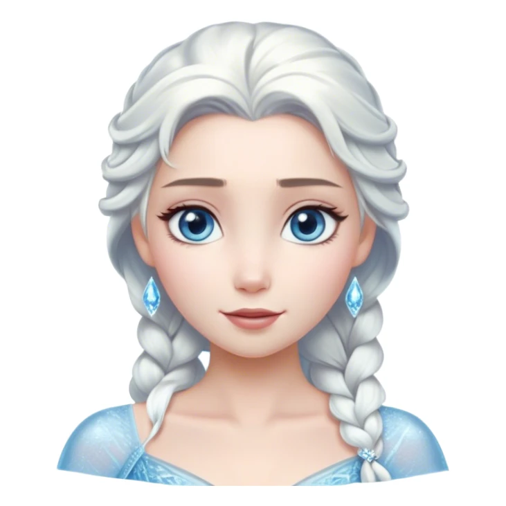 Cinematic Serene Snow Queen Portrait Emoji, rendered in a simplified vector style. Depict a gentle Elsa (chest and above) with delicate icy skin, softly cascading platinum hair, and calm, reflective blue eyes, dressed in her classic ice-blue gown. The image exudes a soft, luminous frosty radiance with high shine and a subtle glowing outline. sticker