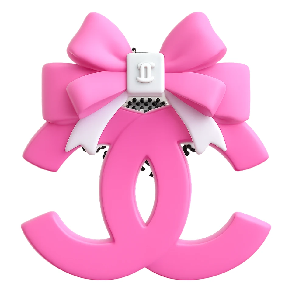 Make the Chanel logo small and white on the pink and white bow, keep it glossy, 3D emoji style, with no background. The style should resemble a 3D emoji with a glossy finish. sticker