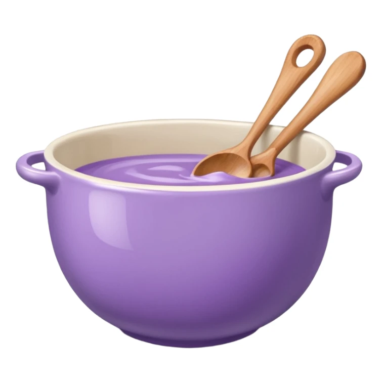 a lilac ceramic mixing bowl with a wooden spoon stirring sticker