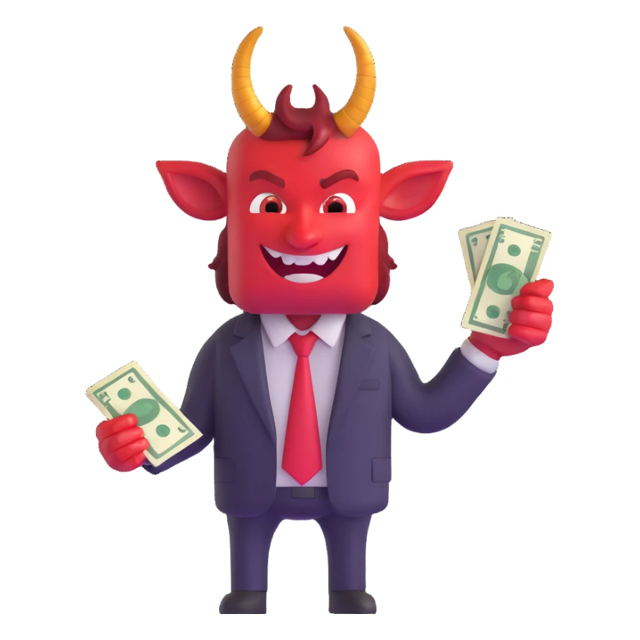red devil with horns in business suit counting cash with greedy expression sticker