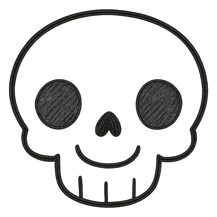 Make the skeleton head look more realistic using only black lines, no color, no shading. Keep it friendly and not scary, front view. sticker