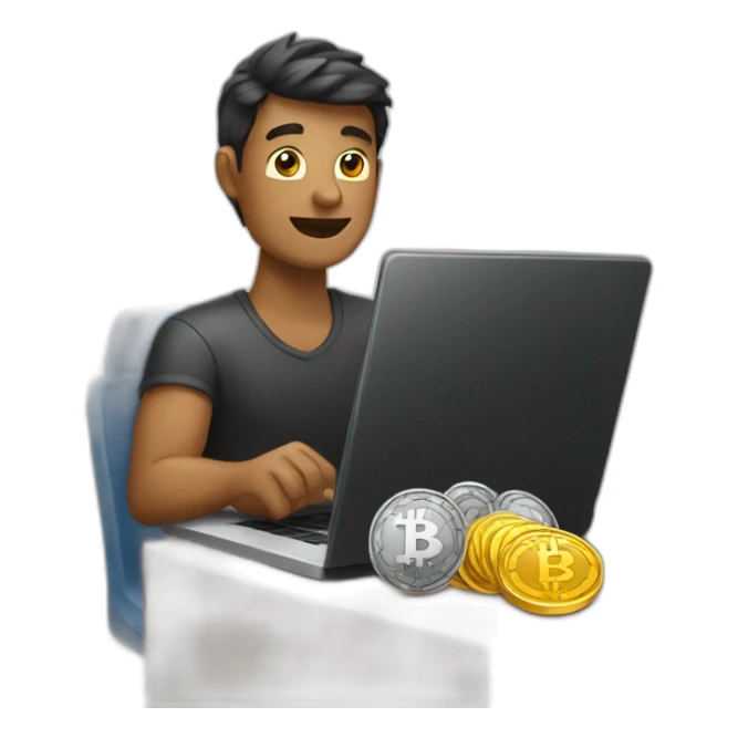 Men with laptop and crypto coin sticker