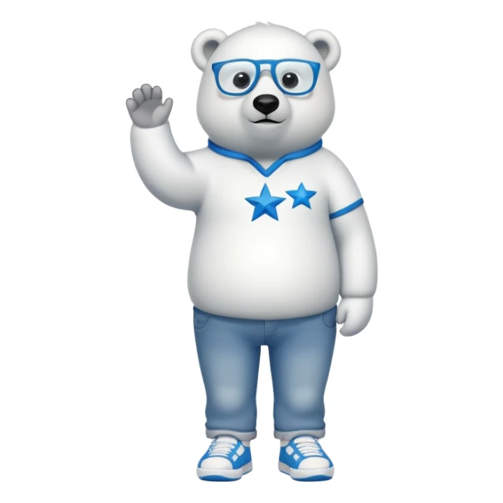 friendly anthropomorphised polar bear standing upright, looking chilled and unbothered, wearing a shirt, jeans, trainers, star-shaped glasses sticker