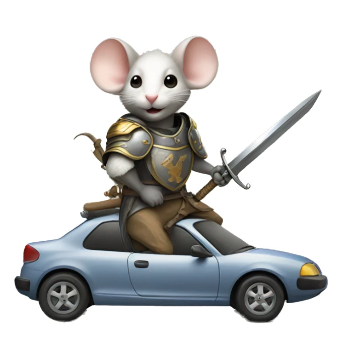 A mouse holding a sword, helmet and shield riding on top of a car  sticker