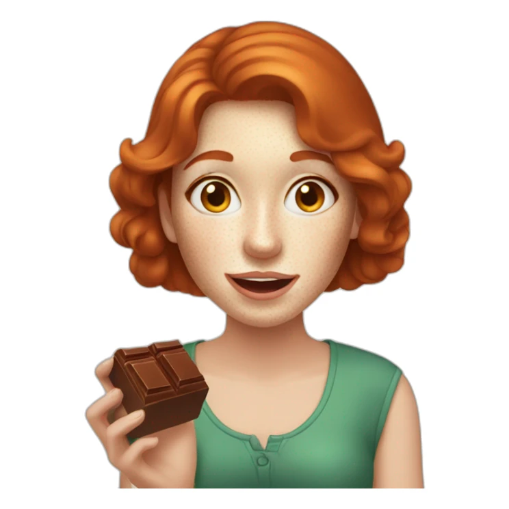 redhead woman with freckle eats chocolate sticker