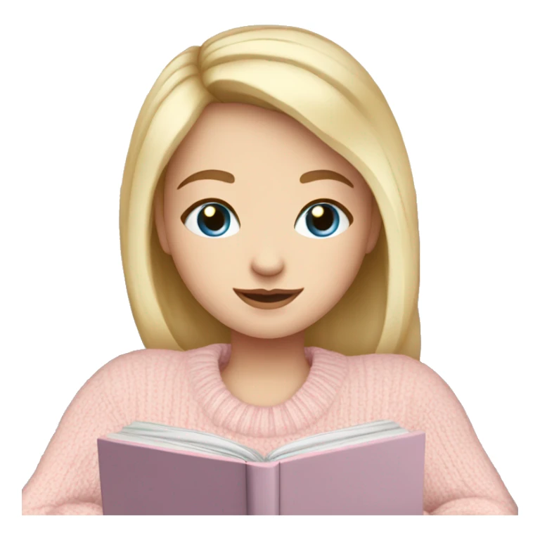 Pretty blue eyed white girl with light pink sweater reading cozy sticker