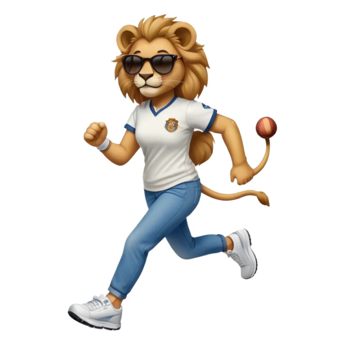 confident anthropomorphised female lion wearing a baseball shirt, jeans, trainers, dark sunglasses, jogging upright, looking self-assured sticker