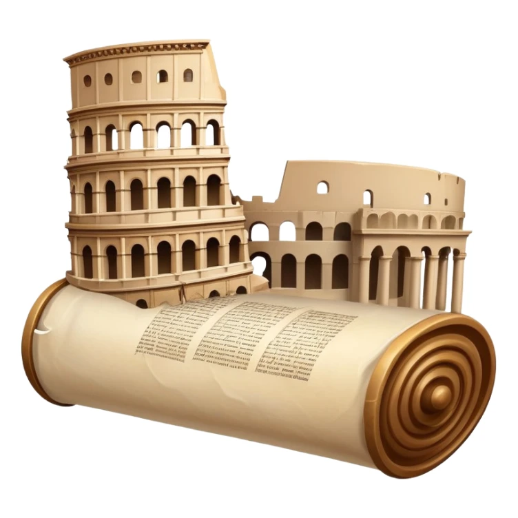 An icon featuring an ancient scroll, surrounded by famous historical landmarks and statues of notable figures, like the Colosseum or Napoleon. The design symbolizes the exploration of history through monuments and people. Transparent background highlights the pas sticker