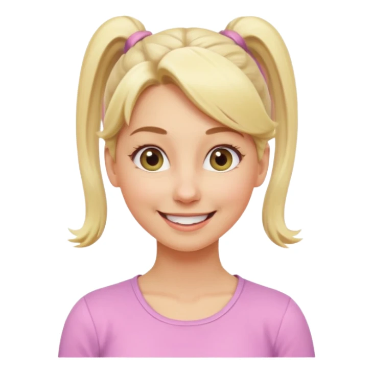 A playful blonde female mature realistic character with wide, mischievous eyes, smiling, ponytail, dynamic pose suggesting movement, pastel colors, minimalistic and cute emoji style. sticker