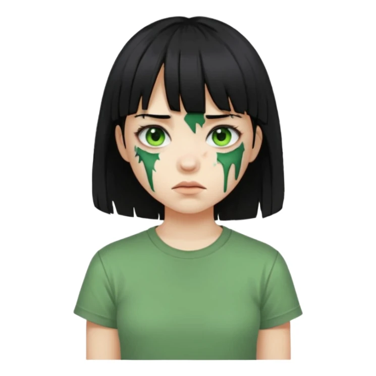 Garota de cabelo preto com franja com a pele verde e ferimentos expostos na cara, usa uma camiseta branca rasgada e suja de poeira  sticker