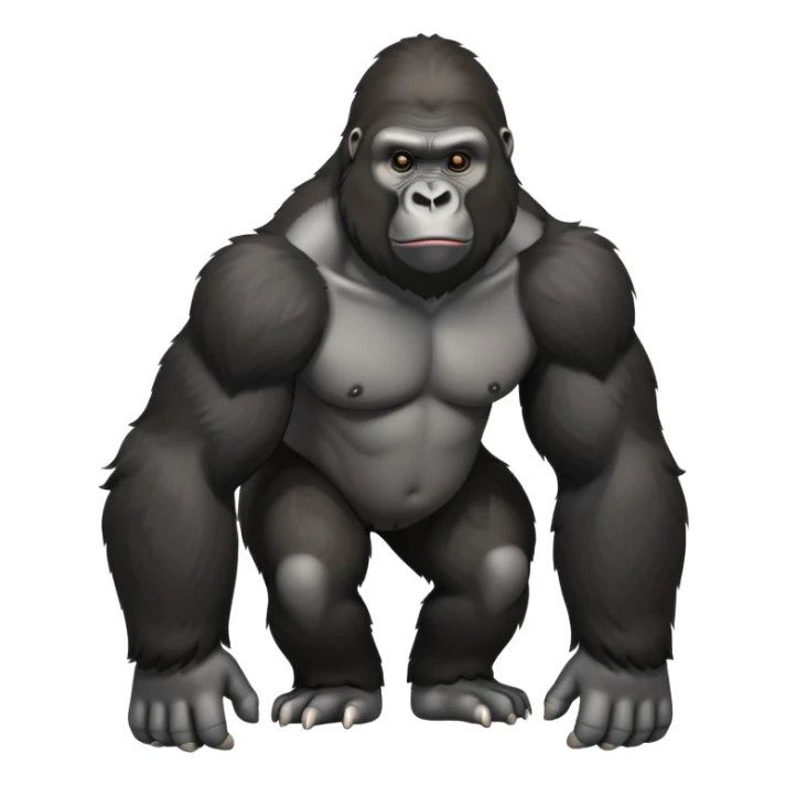 cinematic-friendly relaxed gorilla-realistic-full-body-crouched on all fours-emoji,-poised-with-confidence,-massive-arms-hanging-slightly-forward,-head-tilted-thoughtfully,-thick-black-fur,-deep-dark-eyes-full-of-intelligence,-simplified-yet-realistic sticker