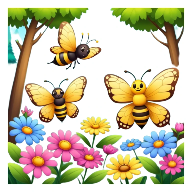 butterfly and bee flying near flowers in a forest, cheerful expressions sticker