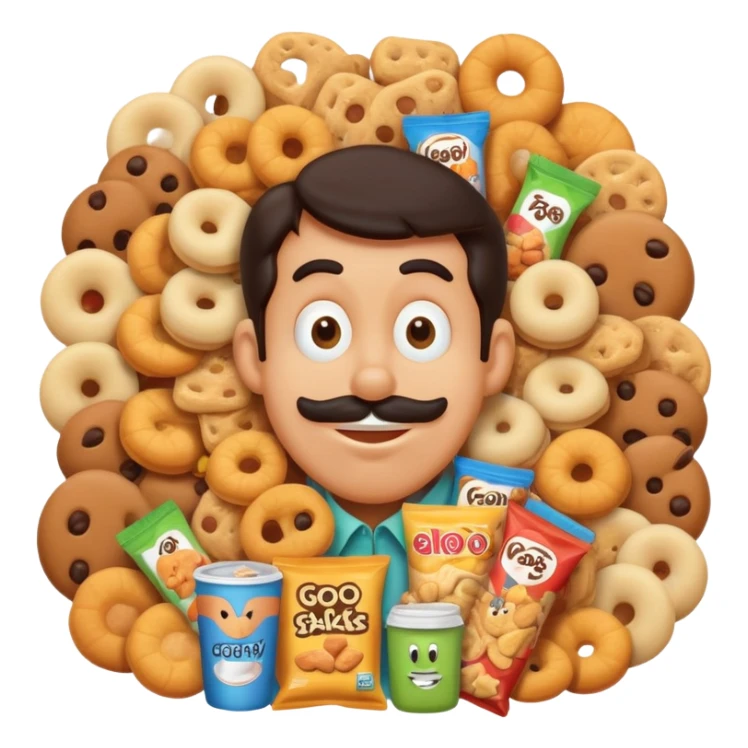 goofy, overstuffed character surrounded by too many snacks, playful and whimsical sticker