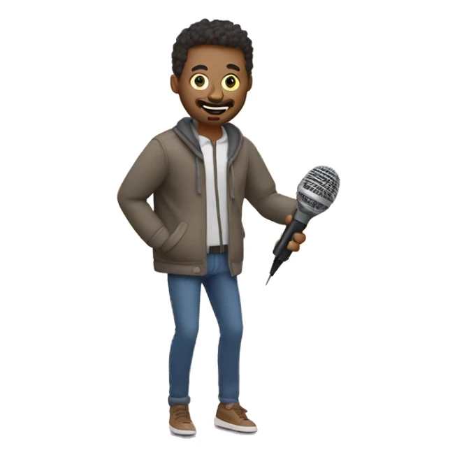 question mark man wearing a jacket running to the screen with a podcasting mic on one hand and pencil on another, roundel style background and add some depth sticker