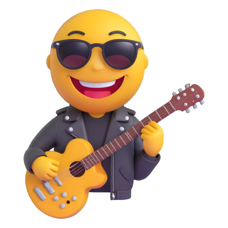 3D smiley emoji, round shape, rocker motorcyclist: with guitar, leather jacket, sunglasses, funny face sticker