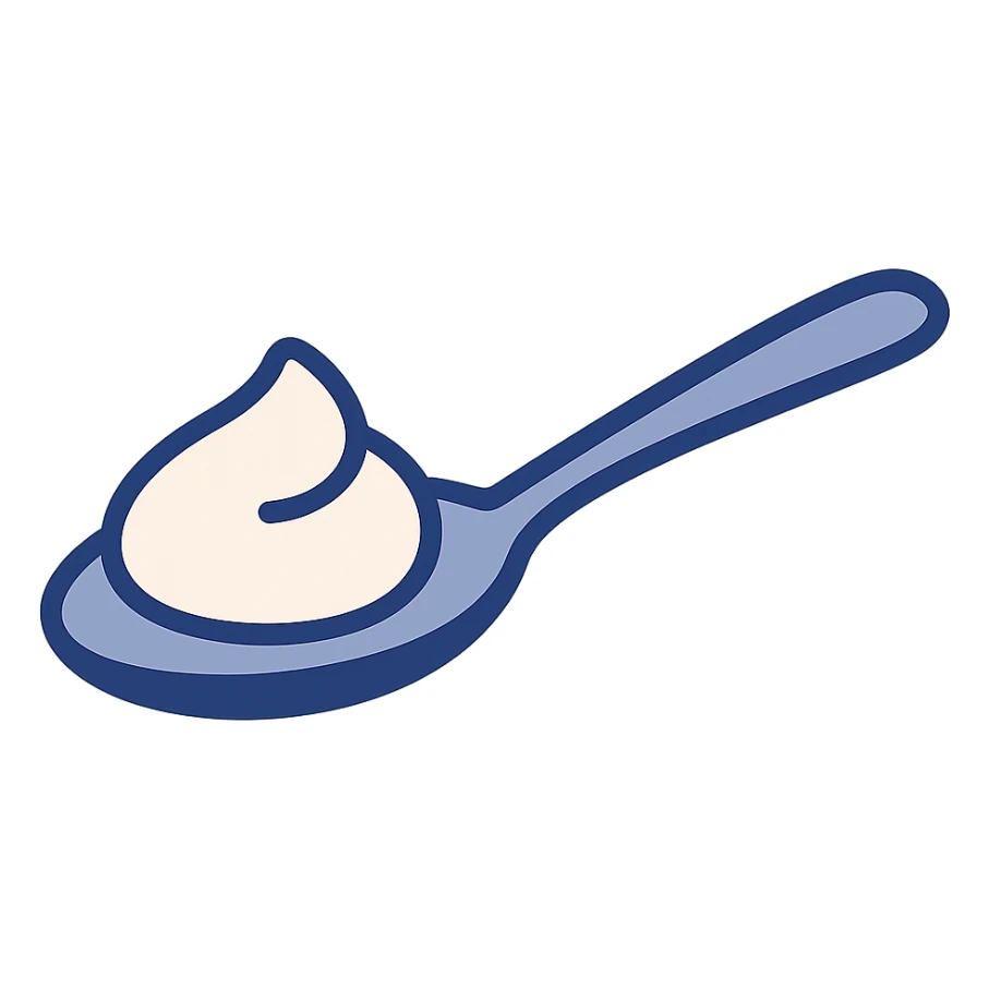 simple spoon with yoghurt, minimal, clean, white and blue sticker