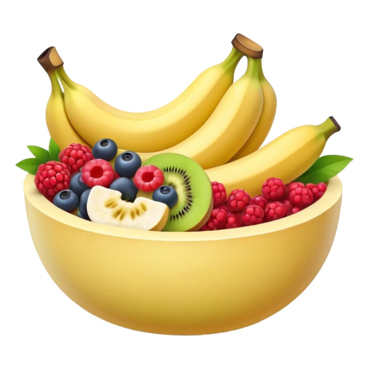 Fresh fruit bowl with berries, banana, and melon sticker