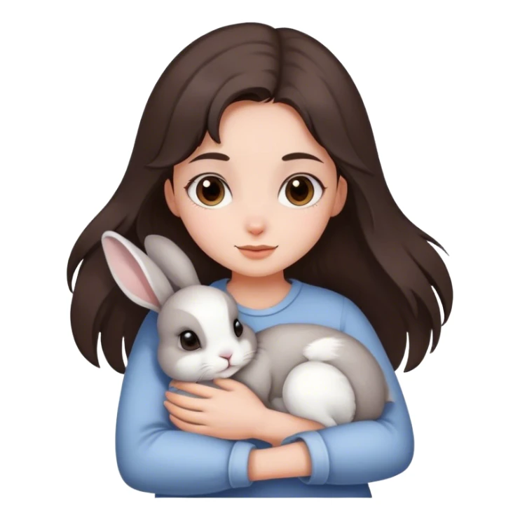 Una chica con pelo cafe oscuro abrazando a su conejo gris con blanco  sticker