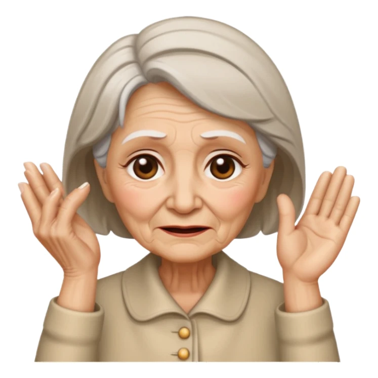 old lady with a headache, wincing, one hand on temple sticker