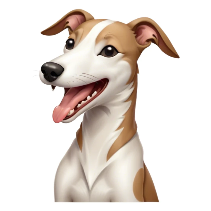 Cinematic Cute Yawning White and Brown Greyhound Portrait Emoji, Head tilted slightly with a dramatic, wide-open yawn, showcasing a pristine white Fur with bold brown markings, floppy ears slightly drooping, round eyes barely open in drowsy contentment, Simplified yet irresistibly adorable features, highly detailed, glowing with a soft, cozy glow, high shine, relaxed yet expressive, stylized with a touch of whimsy, bright and endearing, soft glowing outline, capturing the essence of a sleepy yet affectionate companion, so drowsy it feels like it could stretch out of the screen and curl up for a nap! sticker