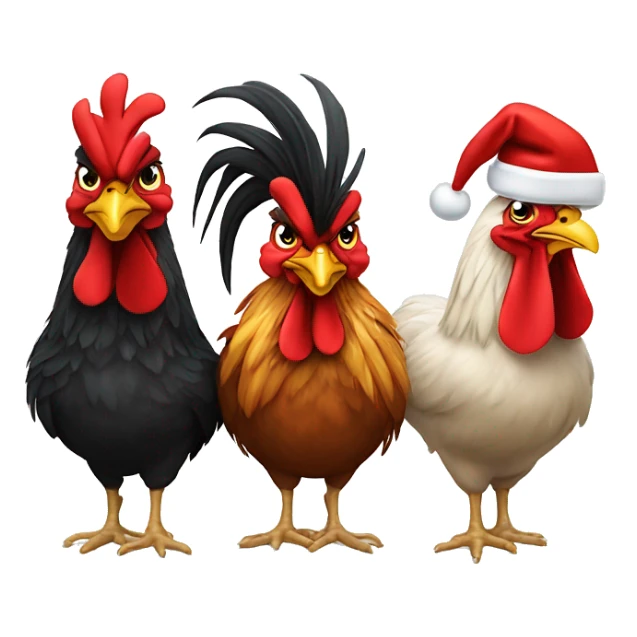 One rooster and two hens wearing Santa hats. sticker