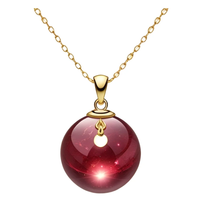 A polished round ball wine granite pendant suspended from a delicate gold chain, like a drop of enchanted starlight, glowing with the warmth of passion and the quiet power of transformation ethereal floating magical moving around... rebirth moving chain sticker