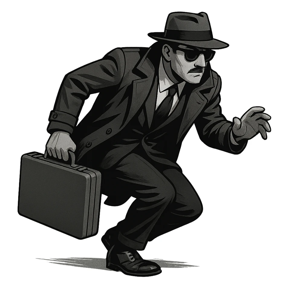 a spy, sneaking with a briefcase, classic secret agent look sticker