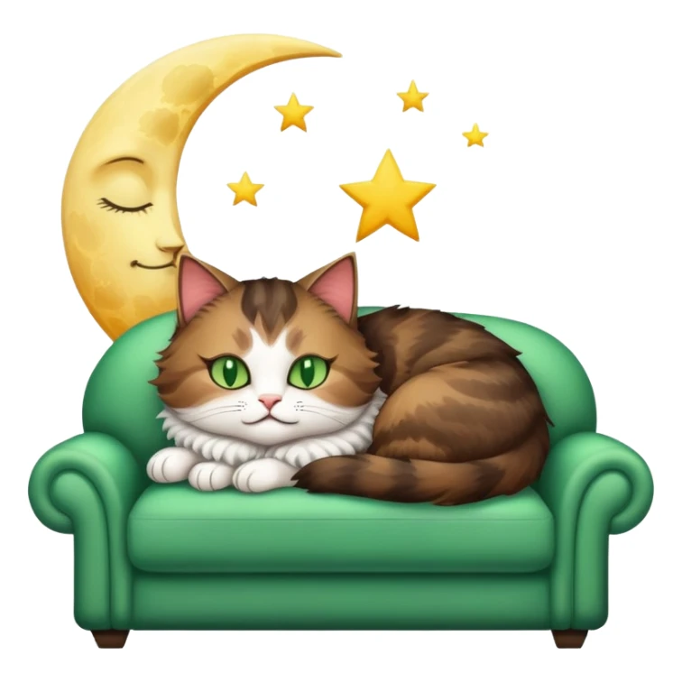 tricolor fluffy cat with big green eyes sleeping on a sofa with a moon above her sticker