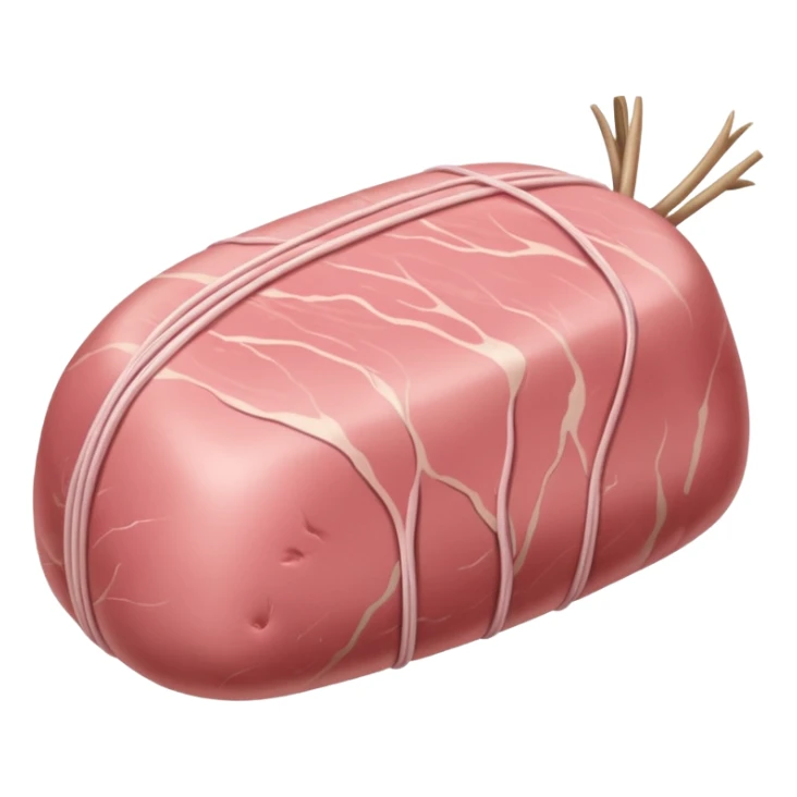 whole raw veal roast, smooth rounded shape, pale pink flesh, tender slightly moist surface, fine muscle grain, minimal marbling, tied with white butcher's twine, optionally covered with thin fat layer or barded, no tray, no herbs, no extras, soft lighting, subtle shadows, emoji scale sticker