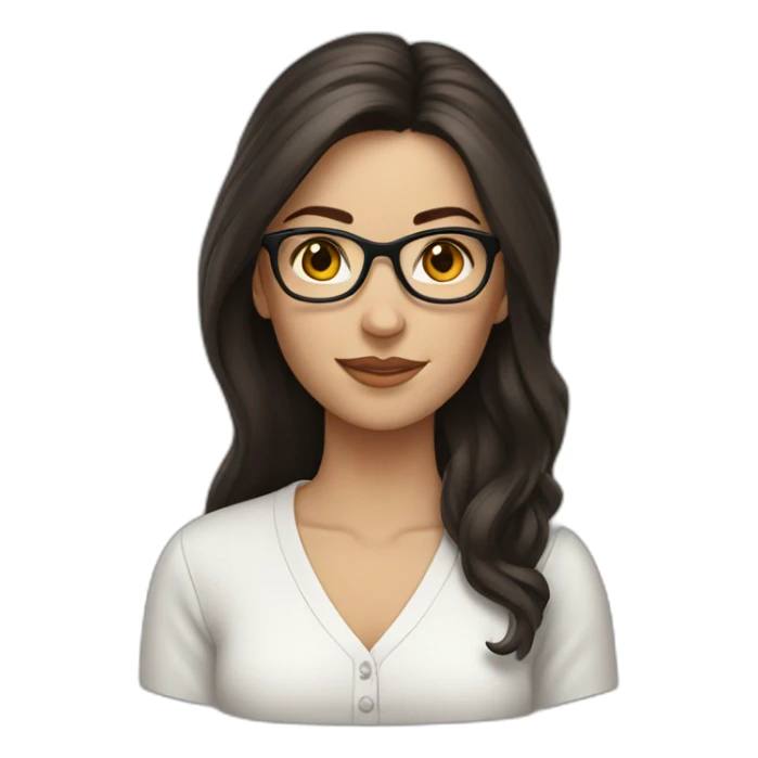 White woman with long dark brown hair using glasses writing sticker