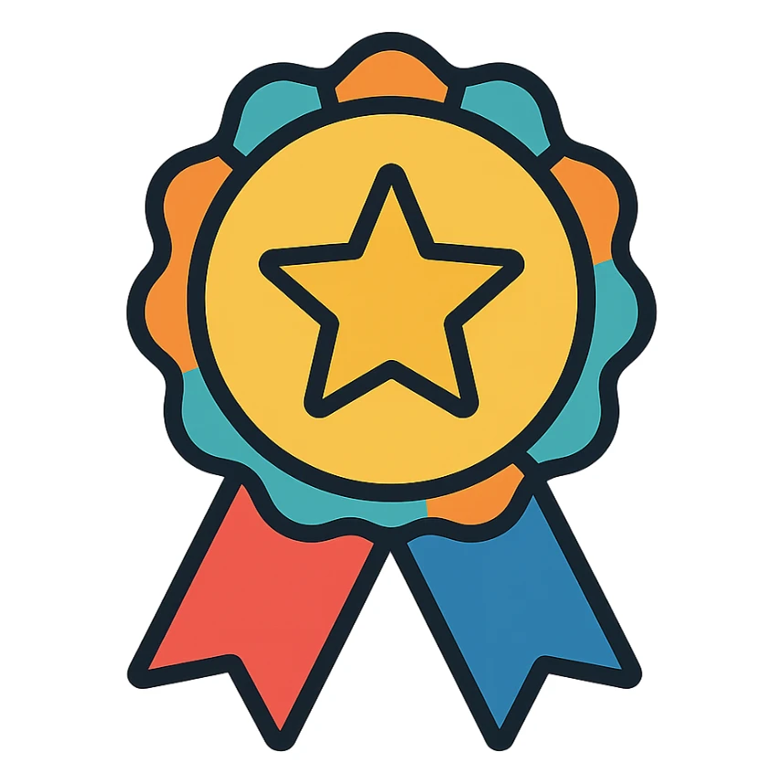 vector icon of a gold performance badge symbol with multicolor details, elegant minimalist flat design, award badge style, 2D flat vector, trending icon look, soft shadows, no text, commercial use, isolated on white background sticker