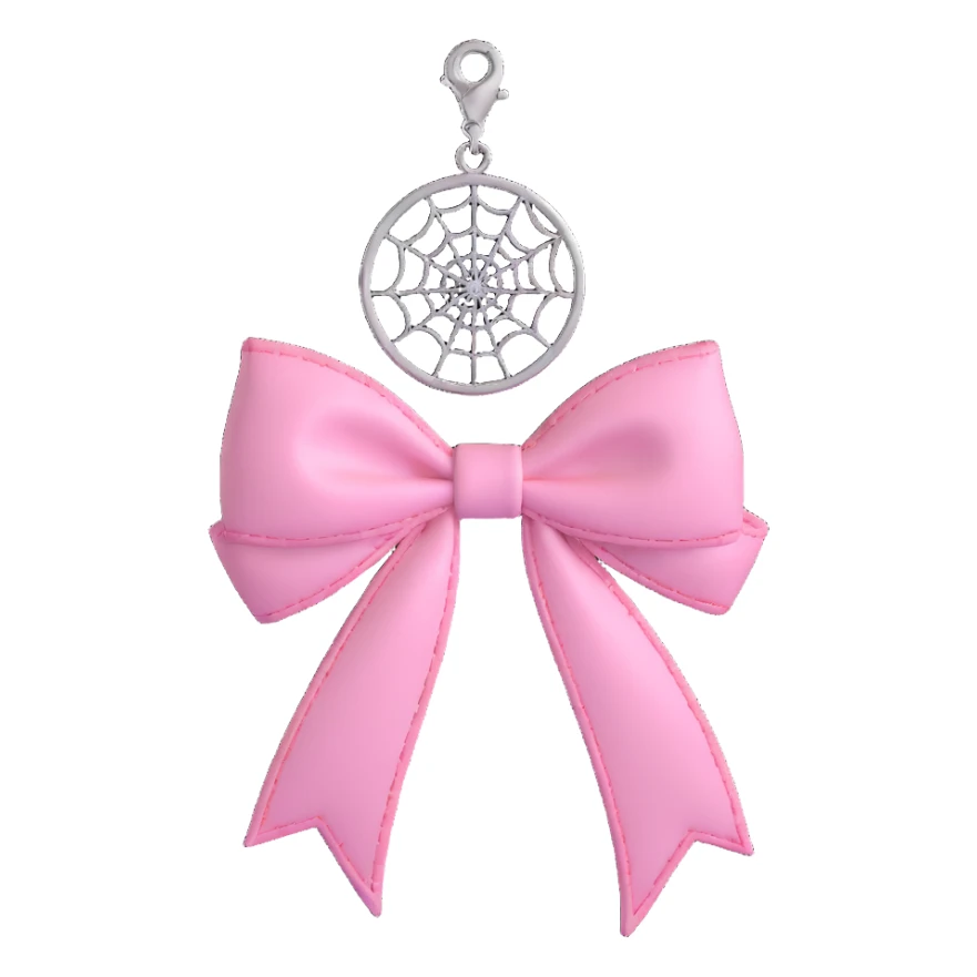 3D emoji style pink bow with gothic effect, pastel pink with black spiderweb embroidery, silver moon charm sticker