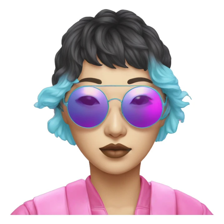 a short-haired Taiwanese lesbian with vaporwave style, sunglasses with vaporwave image on it. sticker