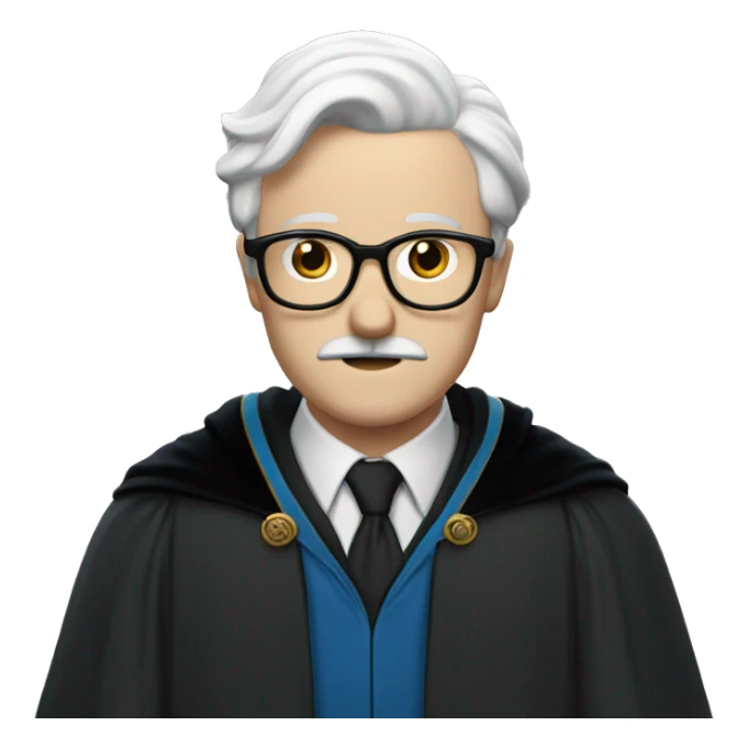 man with white skin,hair is straight and black, a black mustache, glasses, with a magic hat, ravenclaw sticker