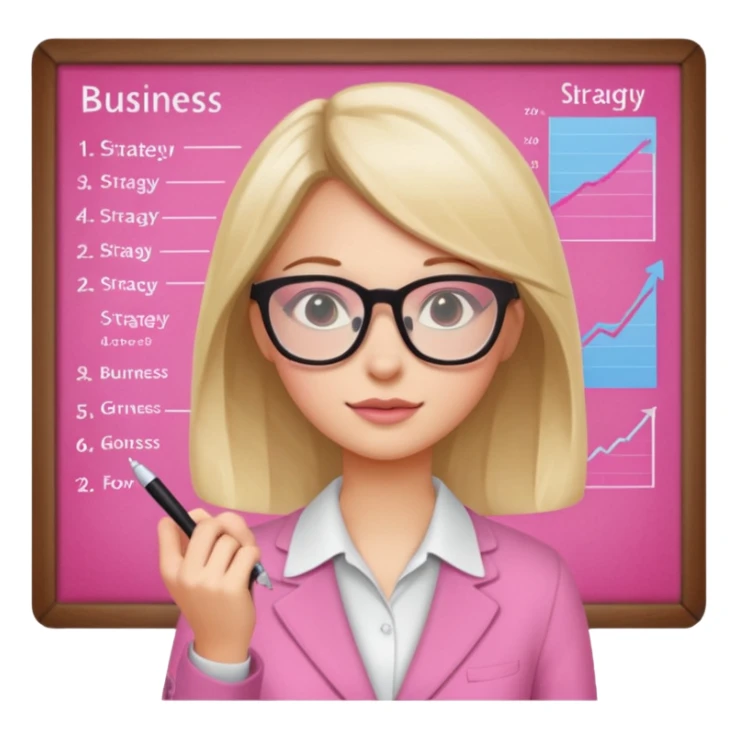 pink board with a girl writing on it and on the board there are graphs and a title "Business Strategy" sticker