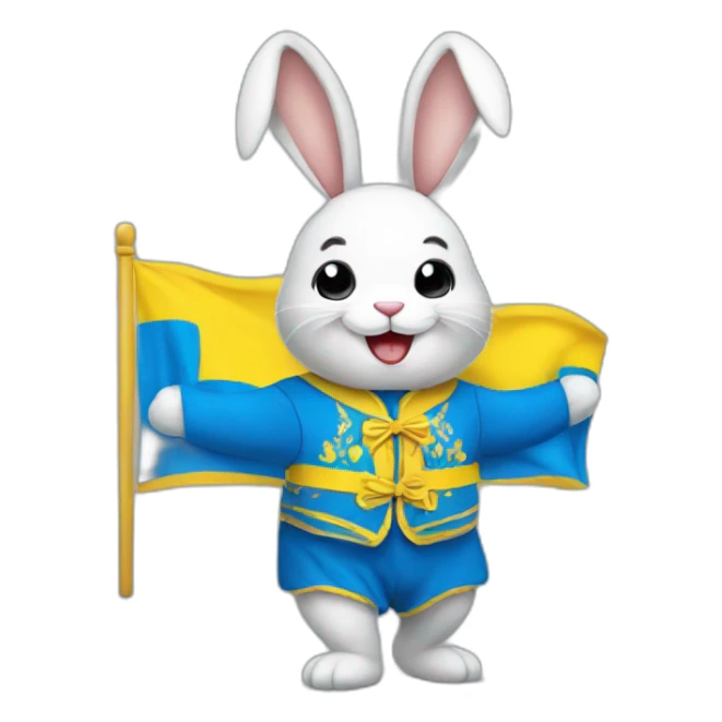 A smiling rabbit in a Ukrainian flag costume sticker