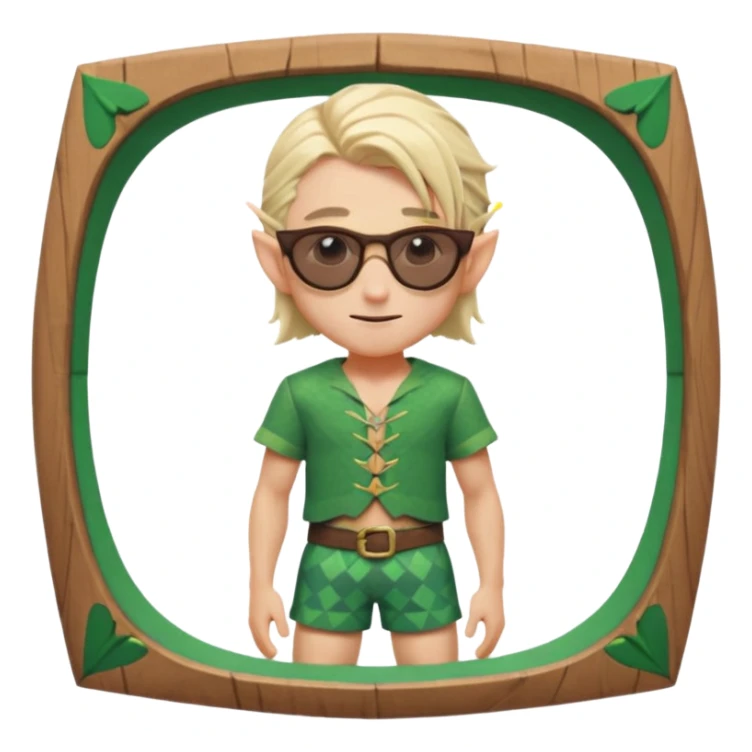 elf male legolas portrait, patterned board shorts (geometric/abstract), unique wooden-framed sunglasses, undercut hairstyle, slight smirk, visible pointy ears, no background, centered emoji, hipster summer vibe sticker
