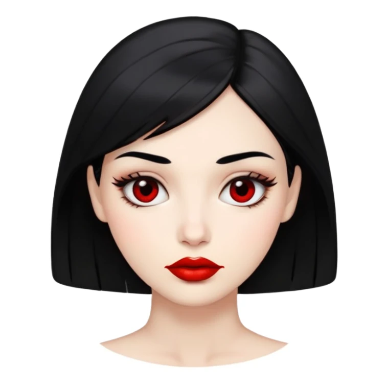 female face with black eyes, black hair at neck level, full red lips, neutral expression sticker