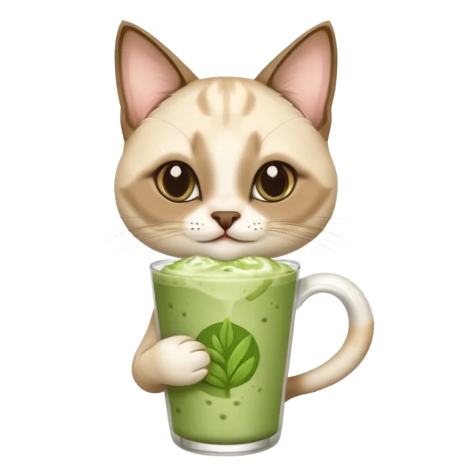 Happy Siamese Cat holding in its paws an iced matcha latte sticker