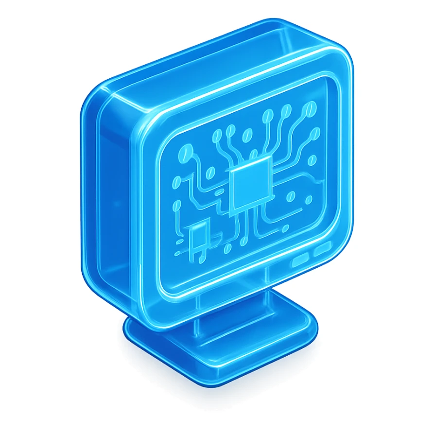 computer monitor in a modern, tech-inspired style, glowing blue sticker