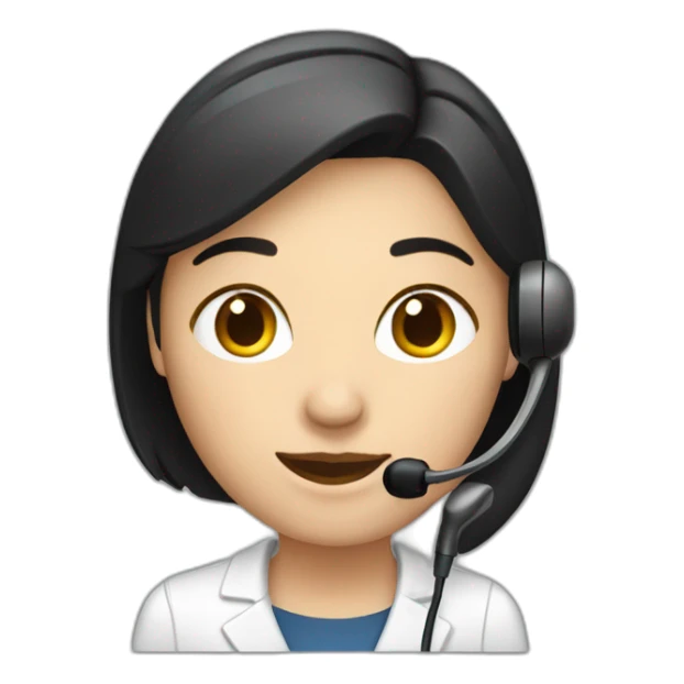 A telephone customer service staff, female, black hair, with ear microphone sticker