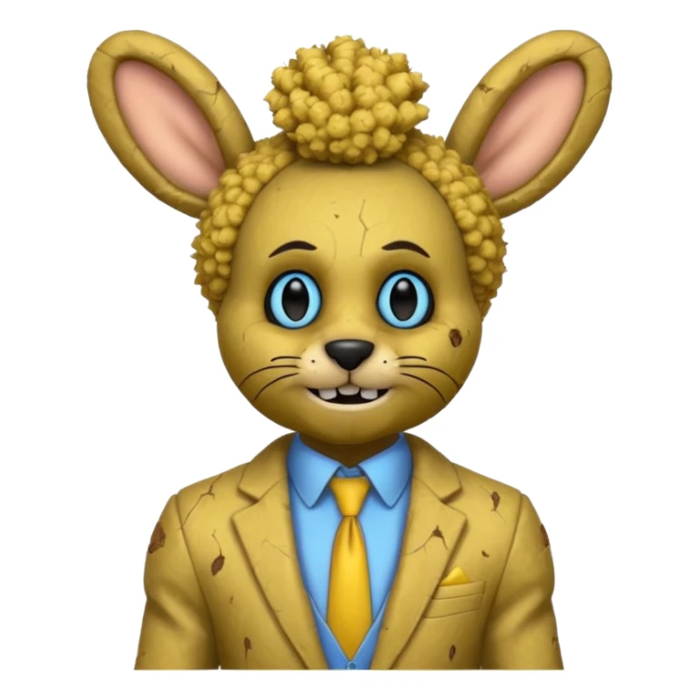 springtrap yellow damage hare suit with hare ears blue eyes with strands of 3C afro textured hair size of a small toothpick sttcking up sticker