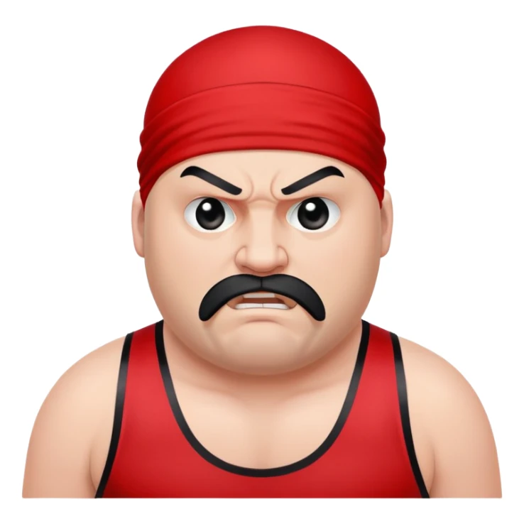 White skin fat guy with prominent black durag, shaved beard stubble, black eyes in a red and black wrestling singlet with angry face sticker