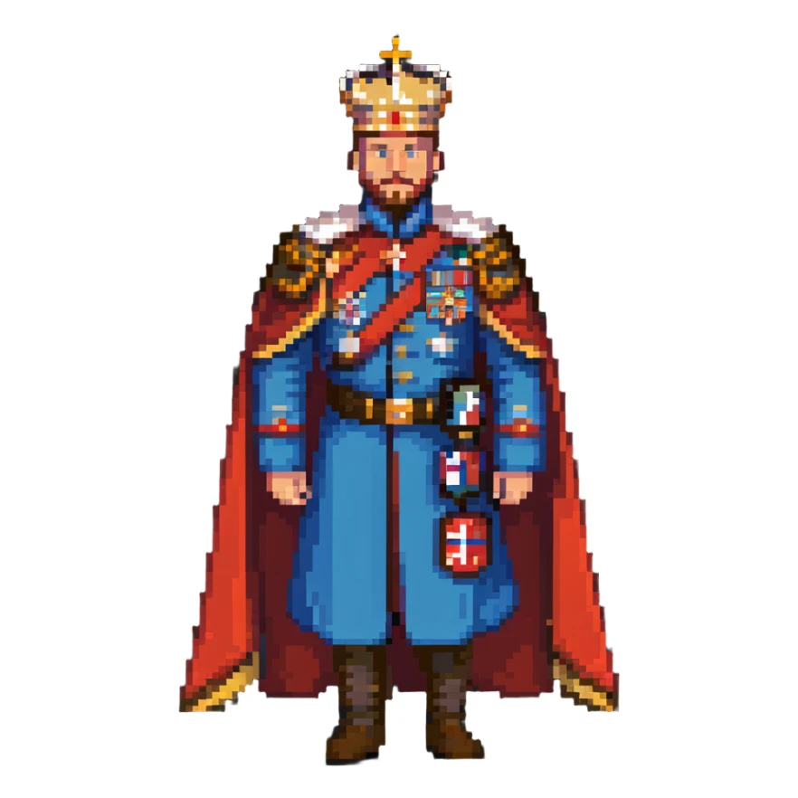 Russian Tsar with elaborate crown, decorated military uniform with medals, royal cape sticker