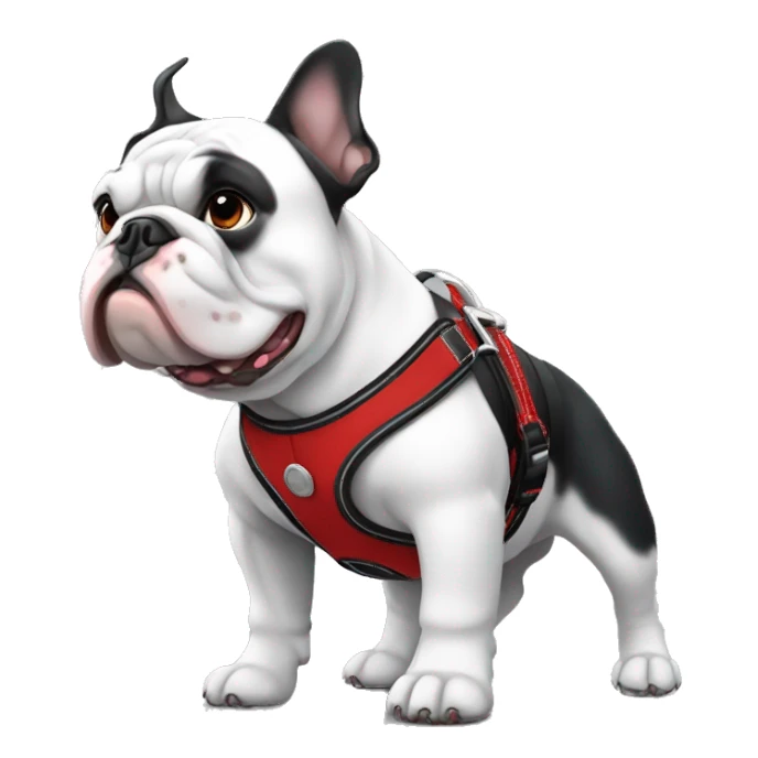 Black and white frrnch bulldog with red and black harness sticker