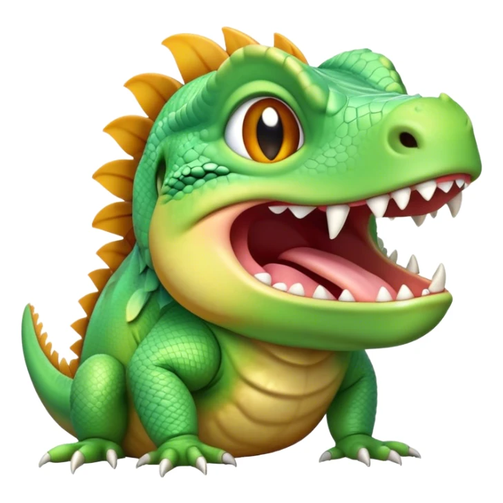 Cinematic Realistic Cute Yawning Iguana Portrait Emoji, Head tilted slightly with a dramatic, wide-open yawn, showcasing a soft, textured green-scaled face with gently drooping features and half-closed, drowsy amber eyes, rendered with natural detail and subtle shadows, high shine, relaxed yet expressive, styled with a dash of tropical charm, soft glowing outline, capturing the essence of a sleepy yet affectionate iguana that appears ready to stretch out and enjoy a peaceful nap! sticker