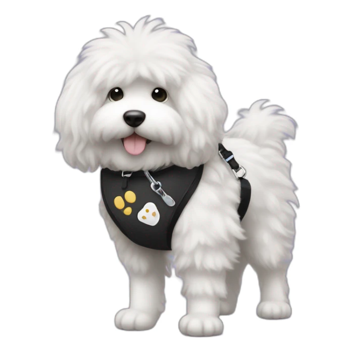 side profile of fluffy black with white paws doodle on a leash going for a walk sticker