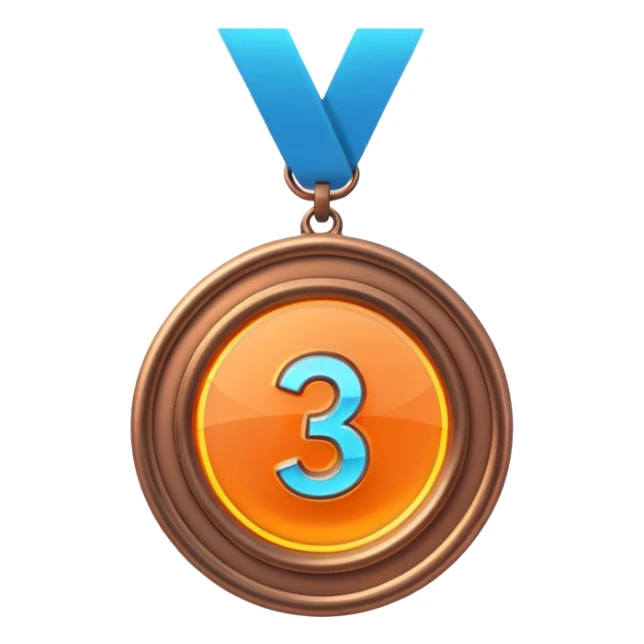 medal number 3, minimalistic bronze transparent glass 3d neon glowing sticker