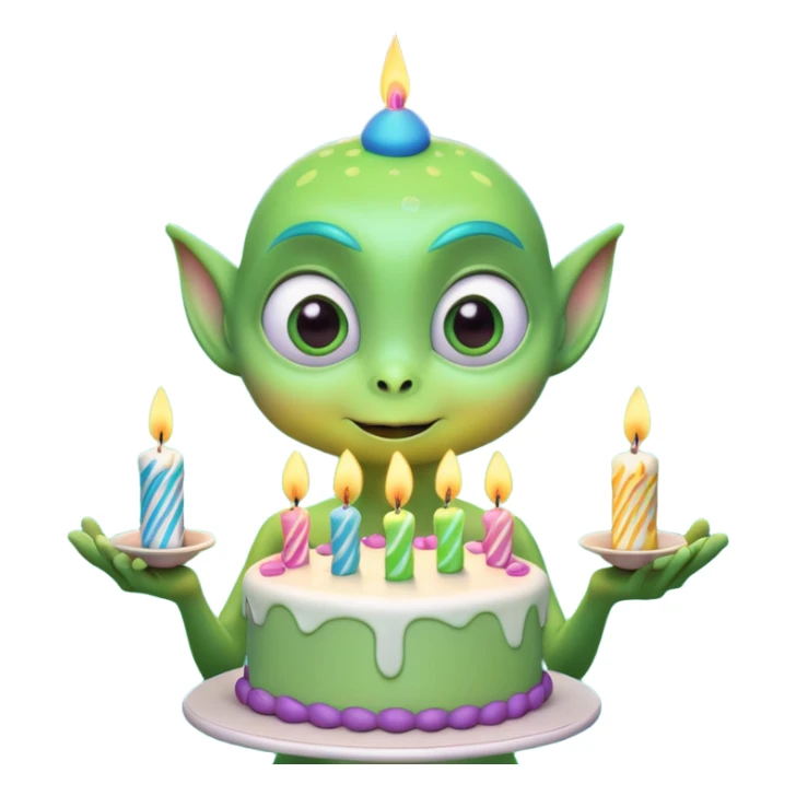 A cute friendly alien holding a birthday cake with candles, big expressive eyes, bright colors, cartoon style, playful atmosphere, 3D animated look, Pixar-inspired, highly detailed
 sticker